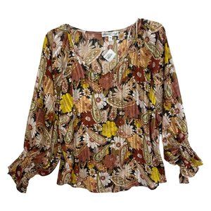 Stem & Vine Women SZ M Fall Top Floral Sleeve Brown Mustard Rust Gold NEW